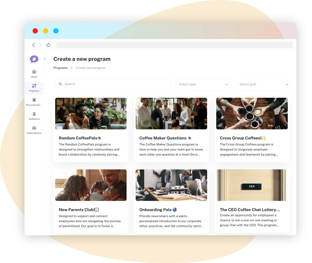 A browser window of program selection